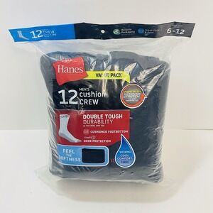 Hanes Socks Mens Shoe Size 6-12 Black Crew 8 Pairs Cushion Wicking Cool Comfort